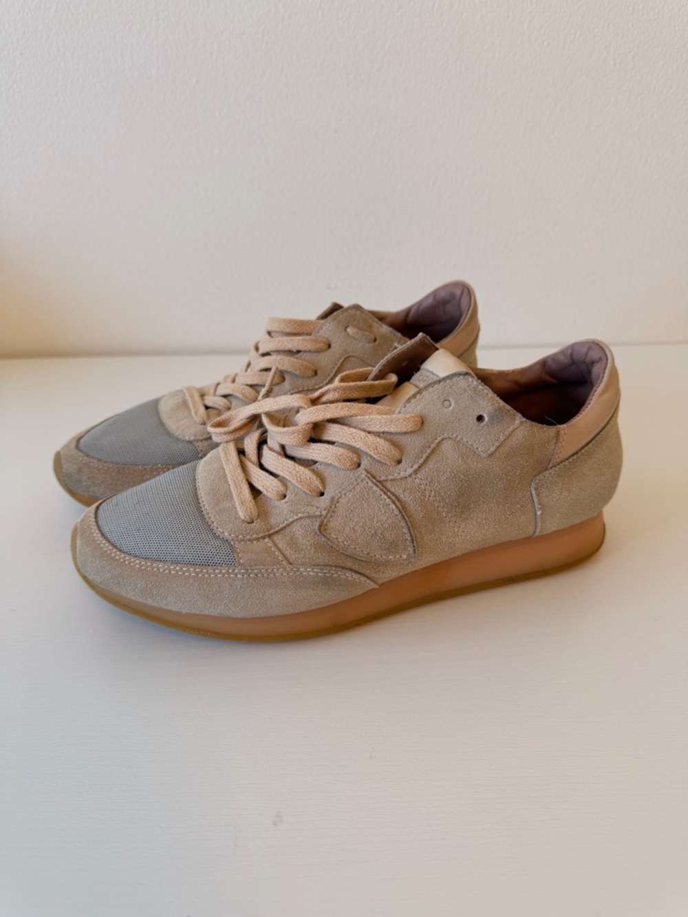 Philippe Model Women Casual Suede Lace-Up Sneakers in Light Taupe, Size 39